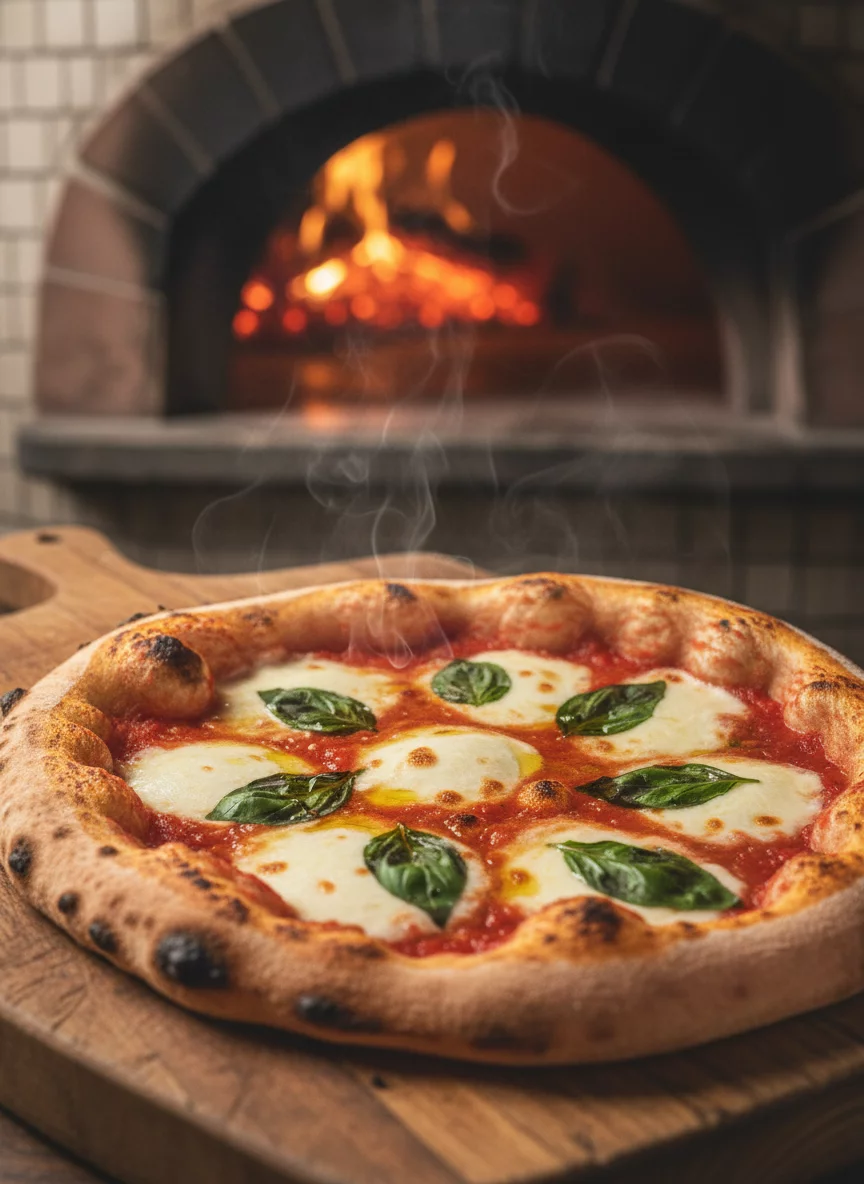 Traditional Margherita pizza with fresh mozzarella, basil leaves, tomato sauce on wooden board, wood-fired oven background, appetizing close-up