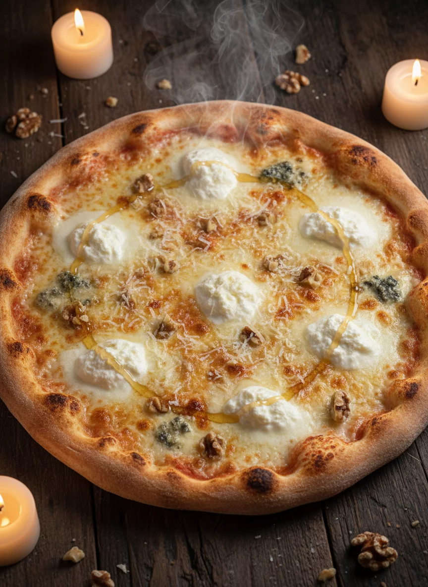Quattro Formaggi pizza with four types of melted cheese, golden crust, wood-fired, appetizing top view on dark wooden table