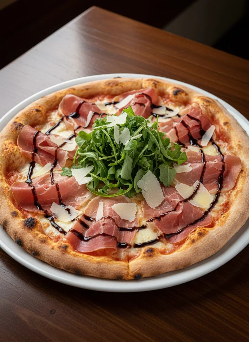 Prosciutto e Rucola pizza with thin sliced prosciutto, fresh arugula, shaved parmesan, balsamic glaze, elegant plating