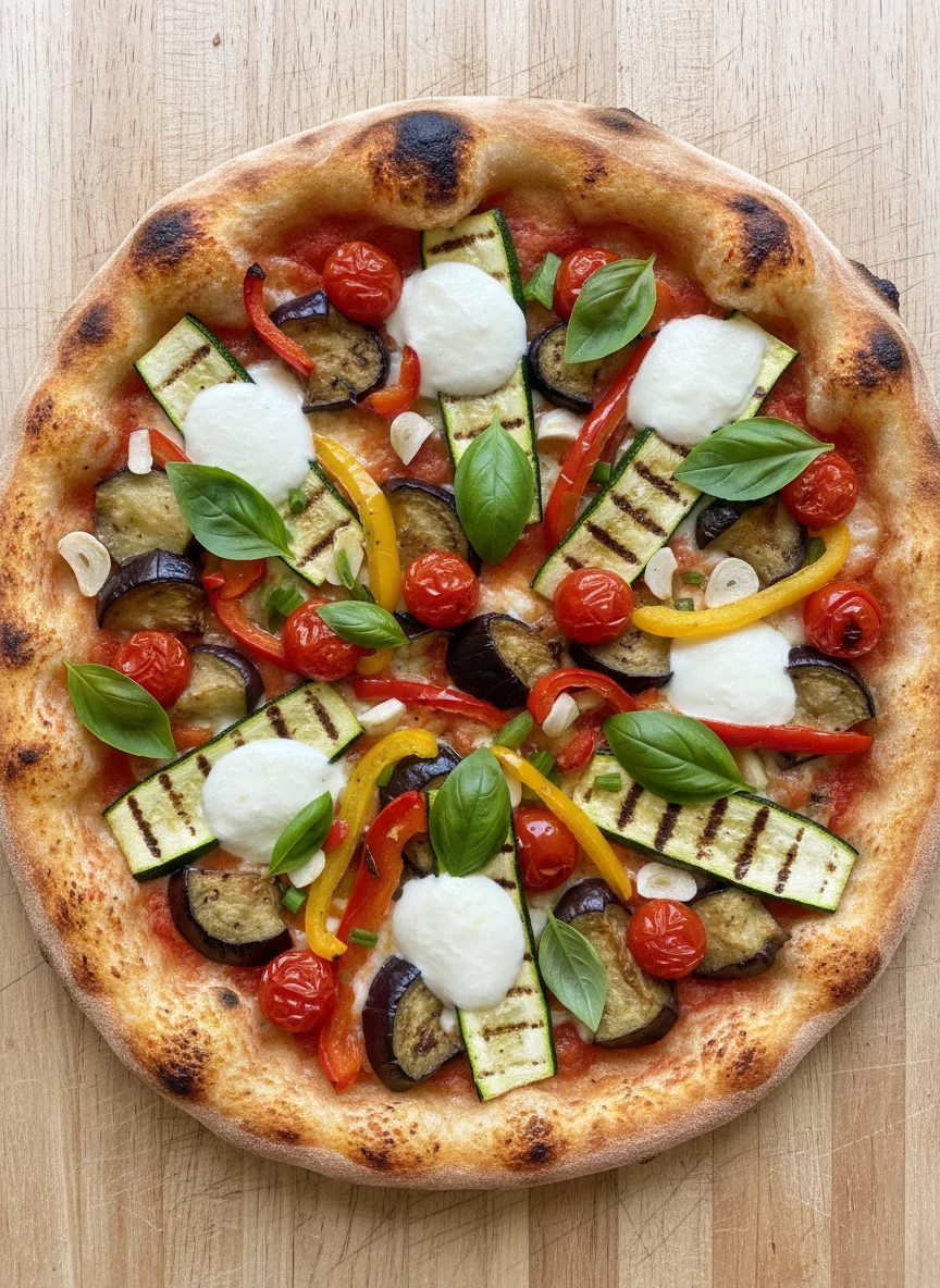 Ortolana vegetable pizza with grilled zucchini, eggplant, bell peppers, cherry tomatoes, fresh mozzarella, colorful appetizing