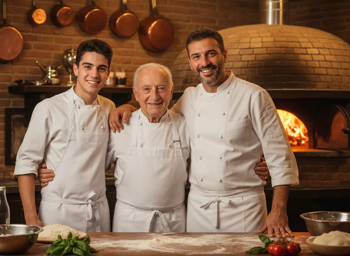 Italian family of chefs in white uniforms standing together in rustic pizzeria kitchen near brick oven, warm lighting, three generations, Mediterranean appearance, candid warm photo