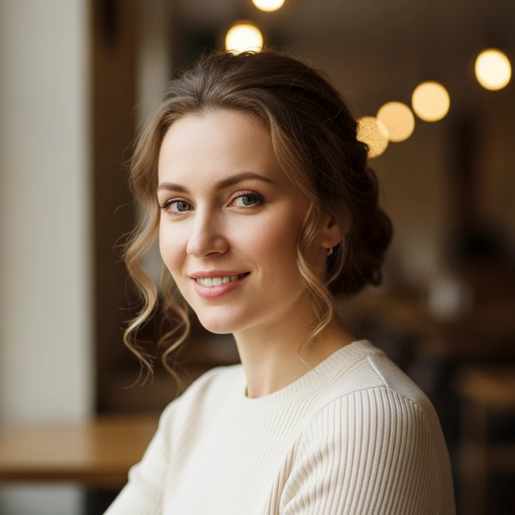 Russian woman in her 30s, elegant casual style, warm smile, portrait photo, Slavic appearance