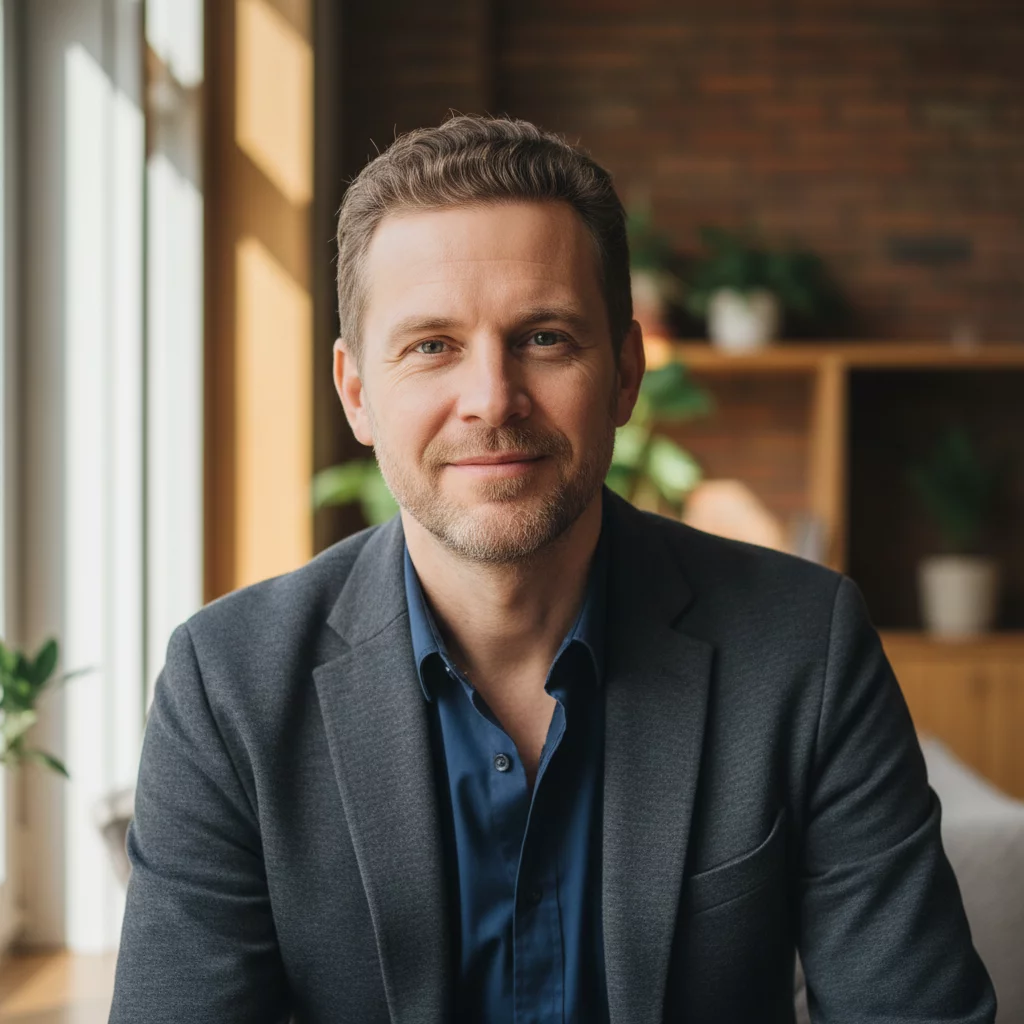 Russian man in his 40s, business casual, friendly expression, portrait photo, Slavic Eastern European appearance