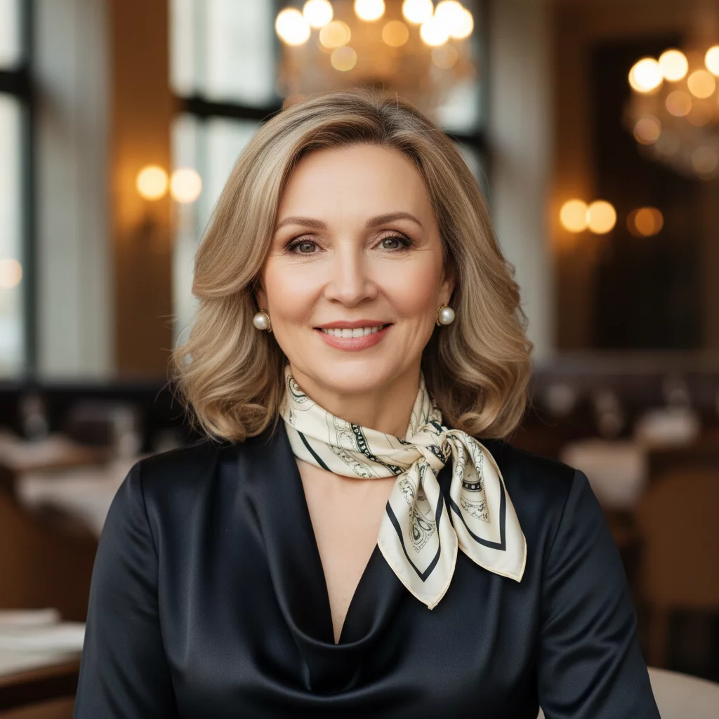 Russian woman in her 50s, warm elegant appearance, pearl earrings, kind smile, portrait photo, Slavic appearance