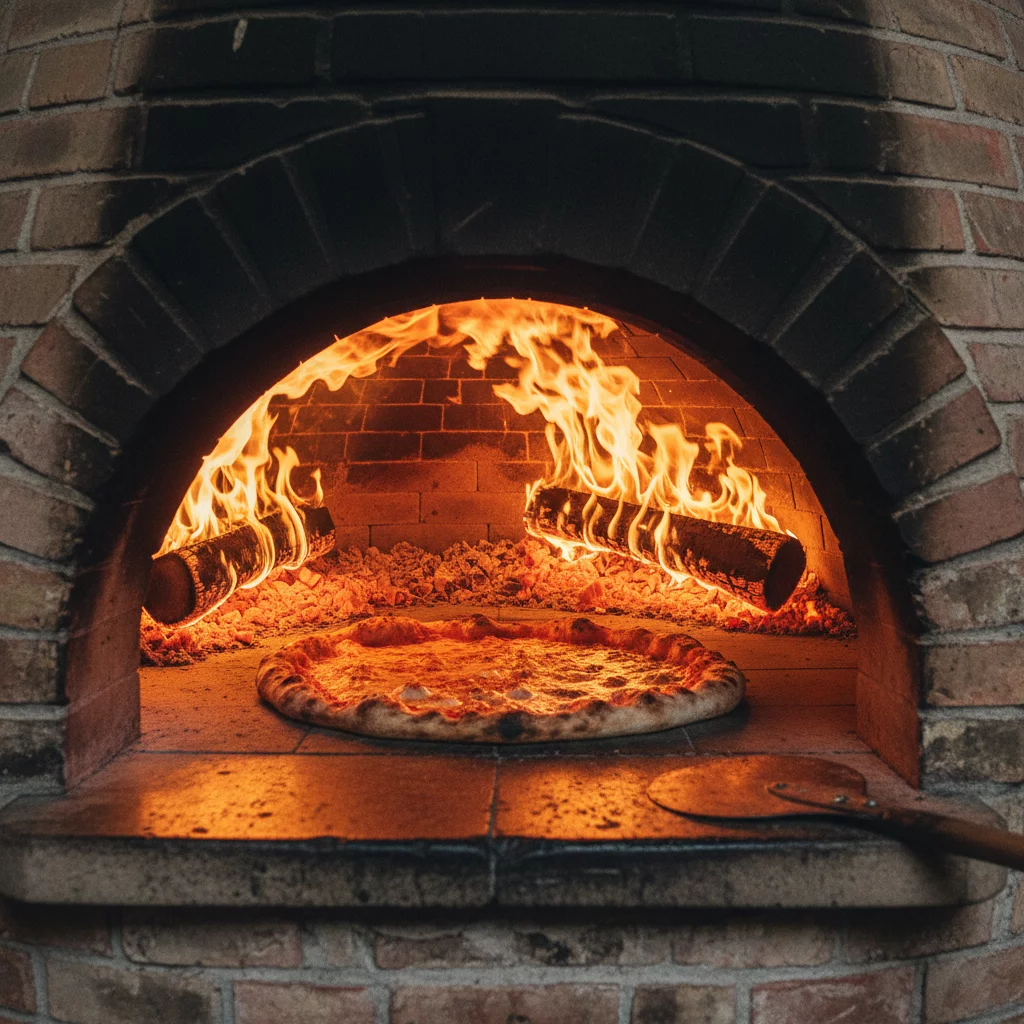 Close-up of traditional brick wood-fired pizza oven with flames, pizza being baked inside, warm orange glow, rustic atmosphere