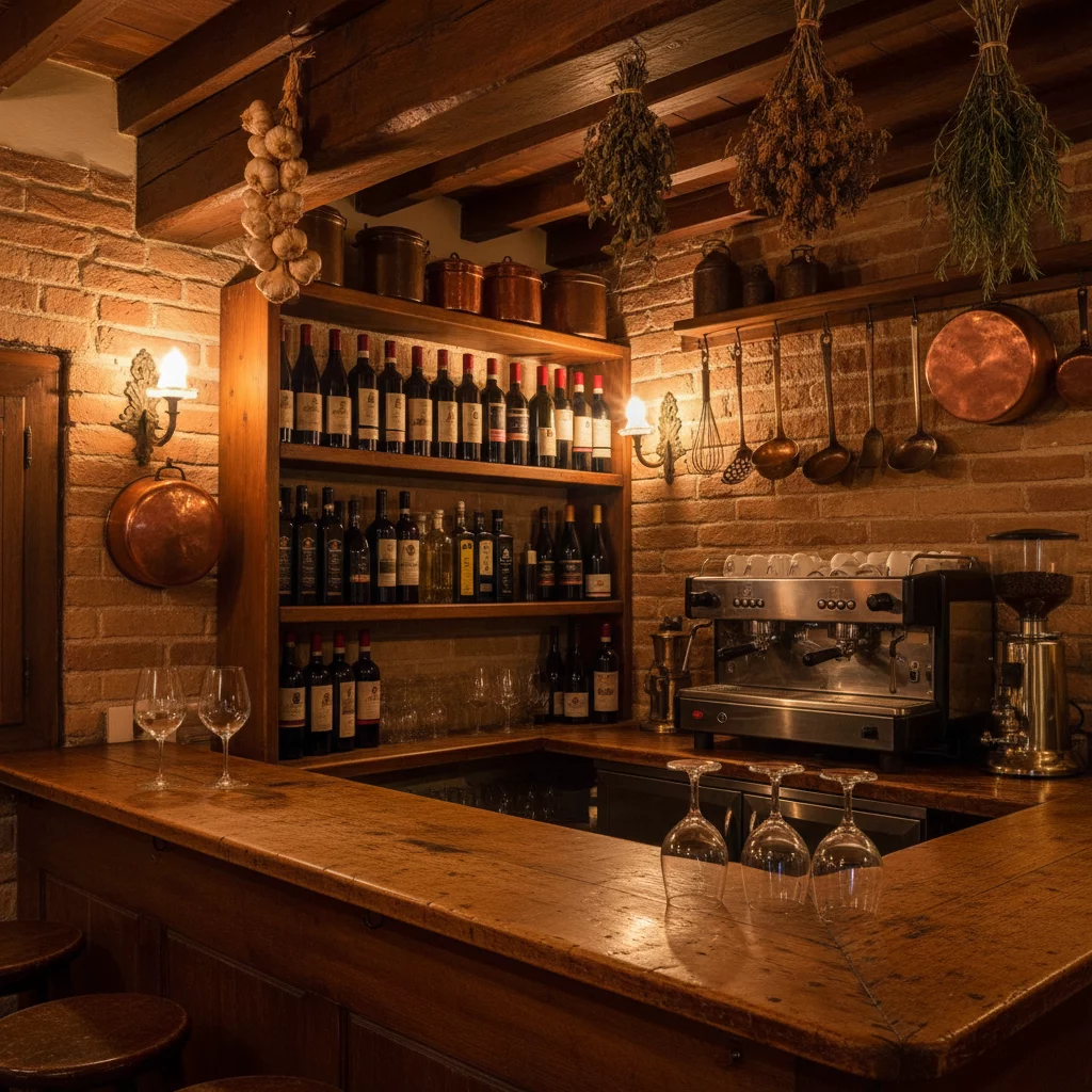 Vintage Italian pizzeria bar area with wine bottles on shelves, copper pots hanging, warm ambient lighting, old wooden counter