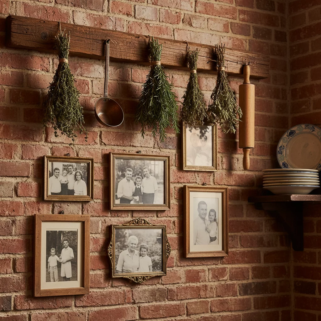 Detail shot of Italian pizzeria decor, old black and white family photographs on brick wall, dried herbs hanging, vintage kitchen utensils