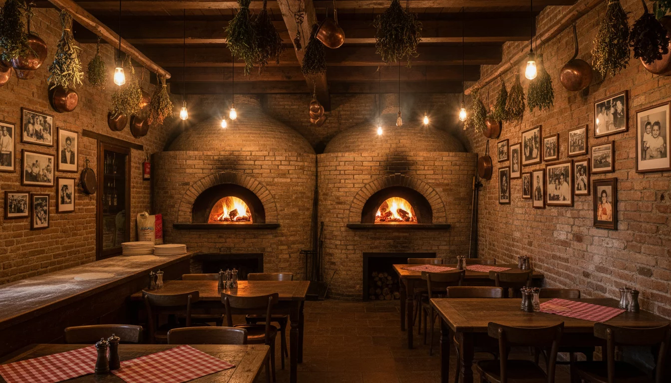Vintage Italian pizzeria interior with wood-fired brick oven glowing with fire, warm ambient lighting, rustic wooden tables, old photographs on walls, high resolution cinematic wide shot
